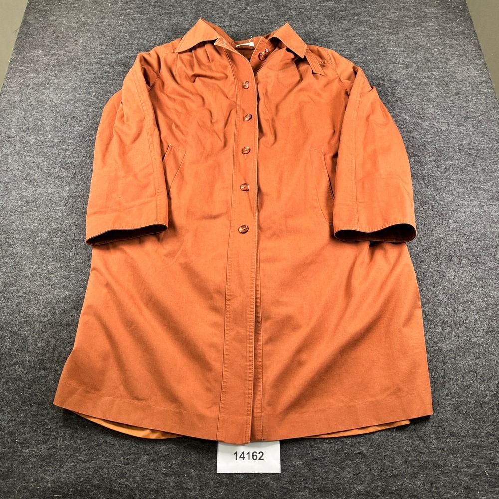 Vintage Womens Trench Coat 7/8 Rust Orange Cotton Lined Button Front Long Jacket